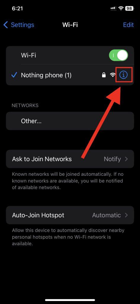 Select your connected Wi-Fi from settings